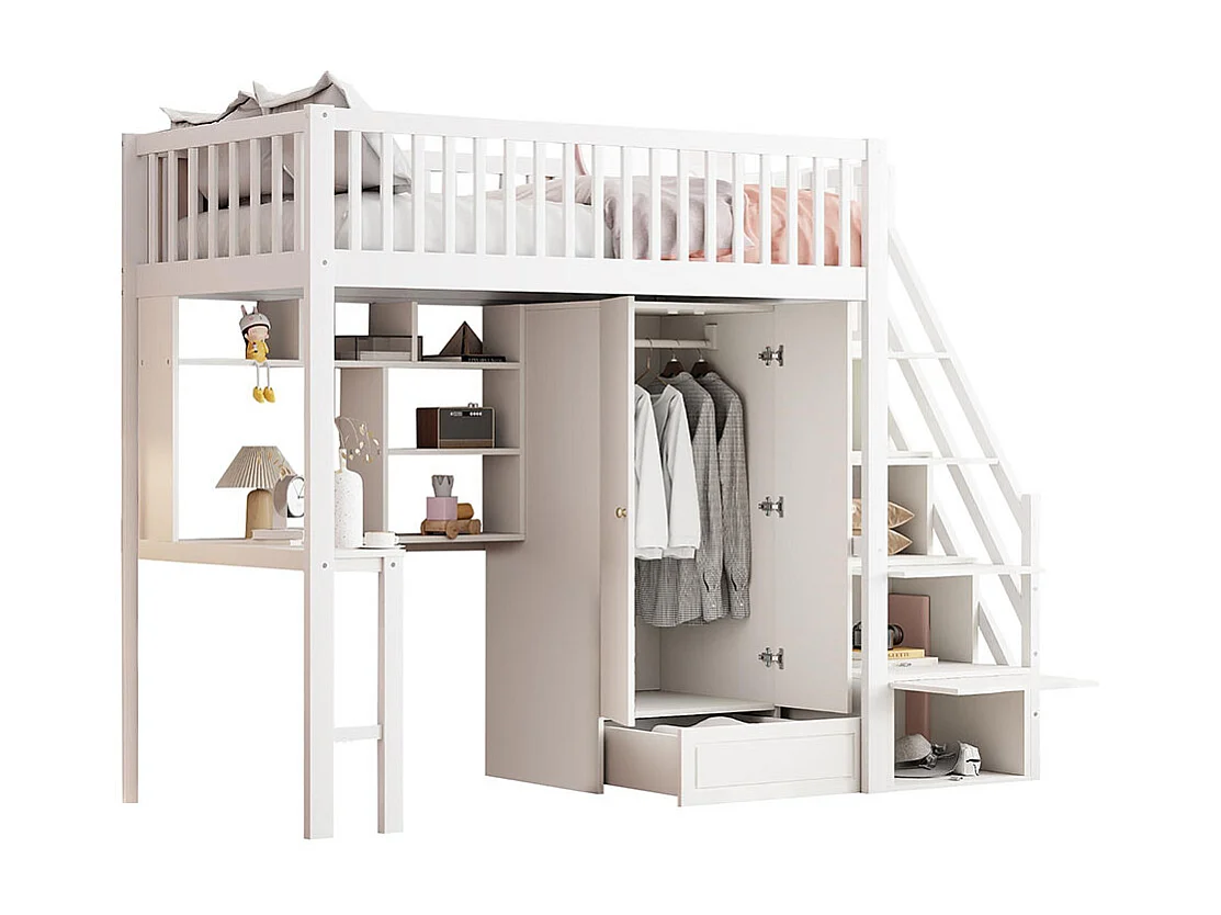 Lit mezzanine 90x200 avec grande armoire étagère et table espace de rangement escalier lit polyvalent blanc