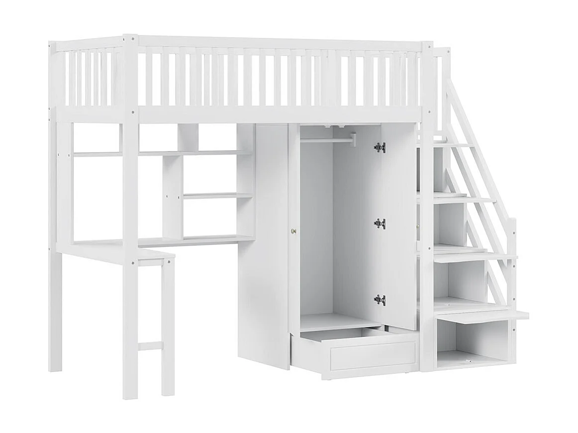 Lit mezzanine 90x200 avec grande armoire étagère et table espace de rangement escalier lit polyvalent blanc