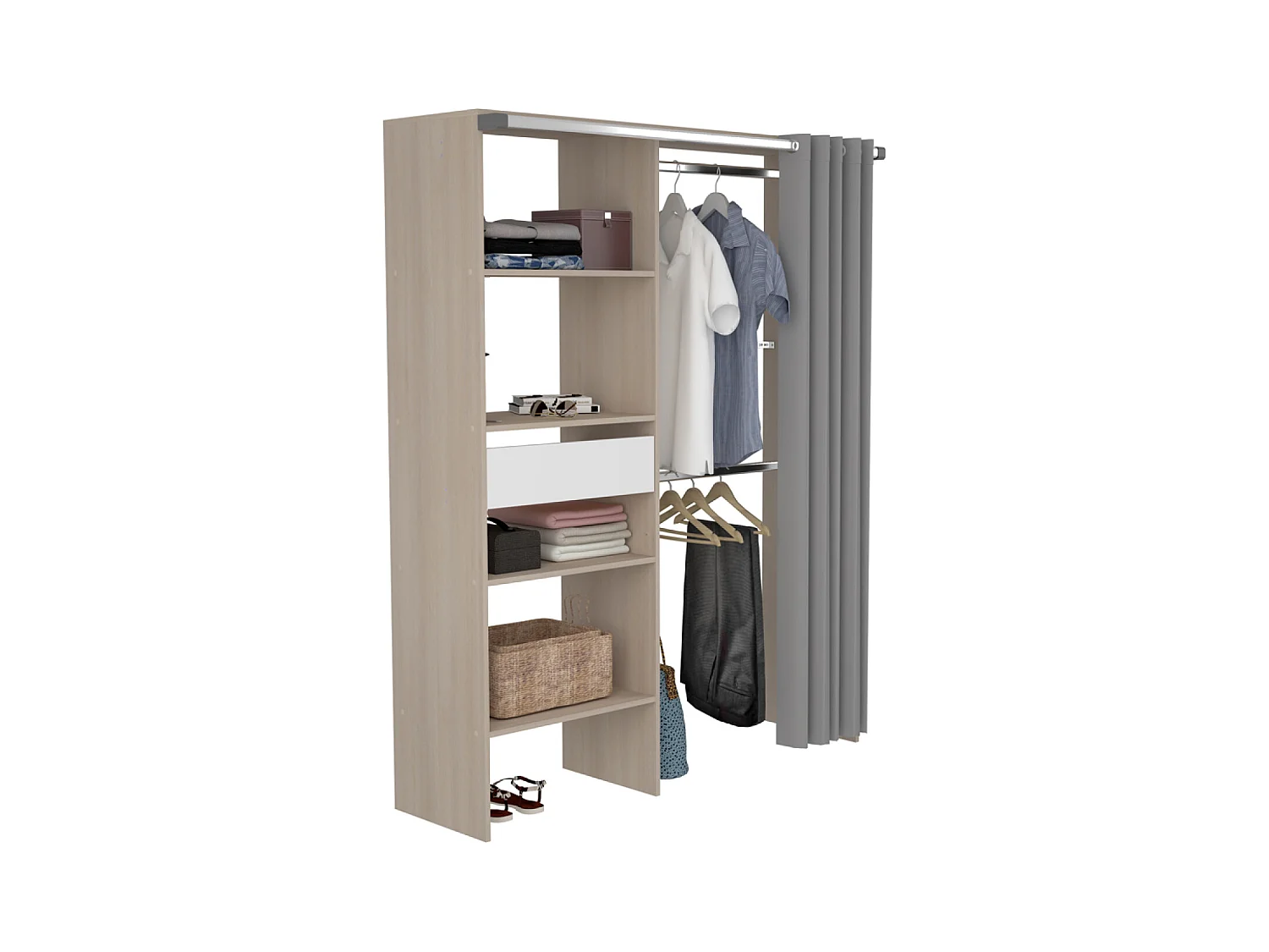 Kledingkast met gordijn BALI, 4 planken, 2 kledingstangen, 1 lade - Acaciahout/Wit