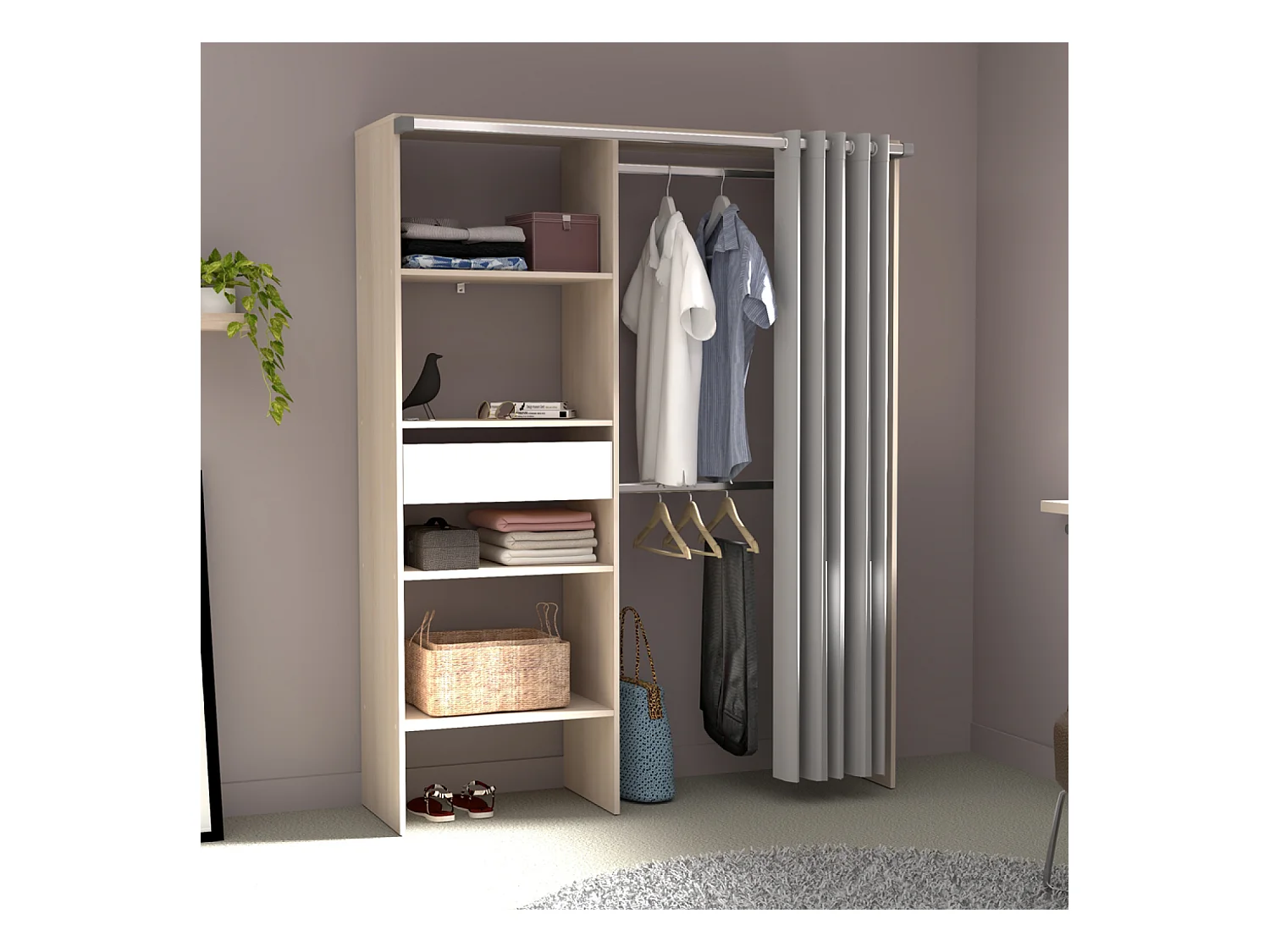 Dressing avec rideau, 4 étagères, 2 penderies et un tiroir bois et blanc BALI