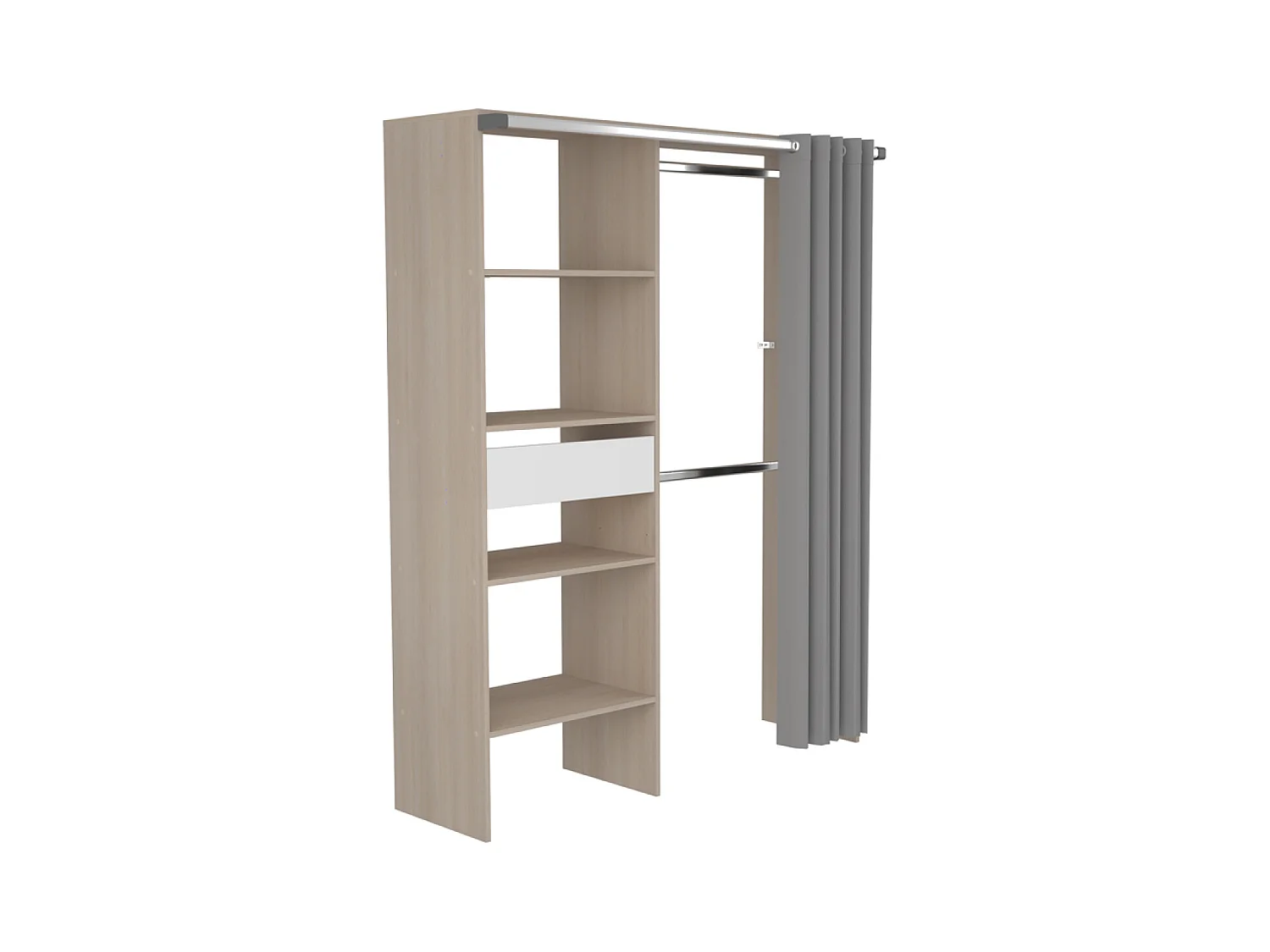 Dressing avec rideau, 4 étagères, 2 penderies et un tiroir bois et blanc BALI