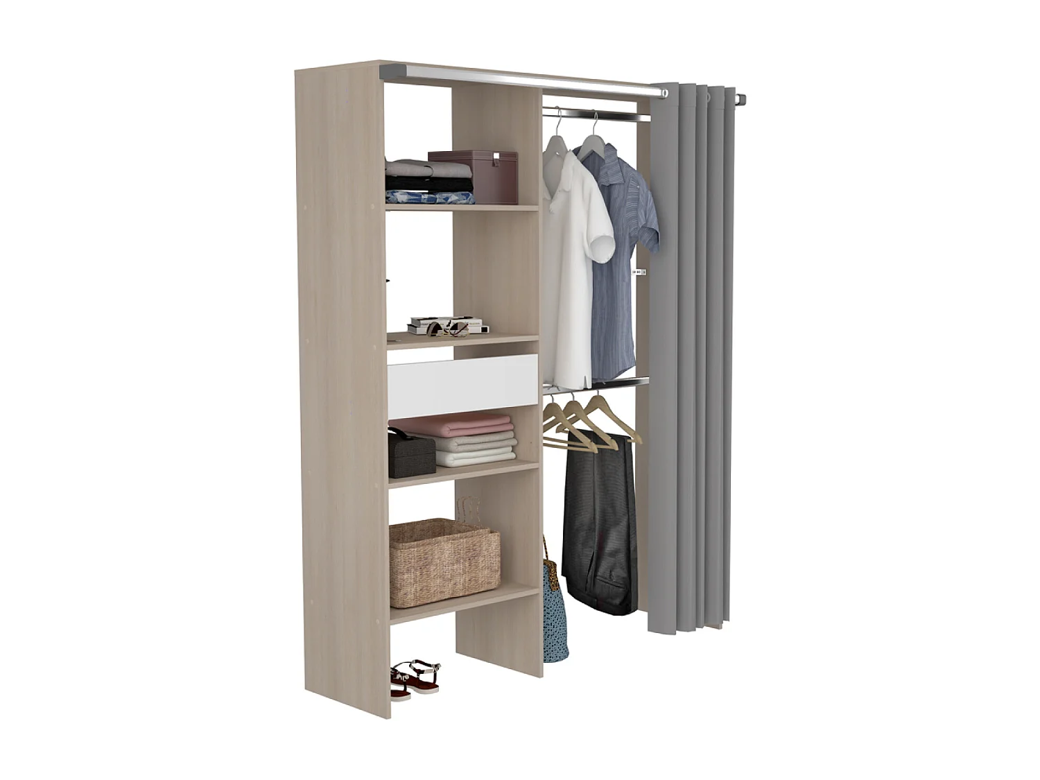 Dressing avec rideau, 4 étagères, 2 penderies et un tiroir bois et blanc BALI