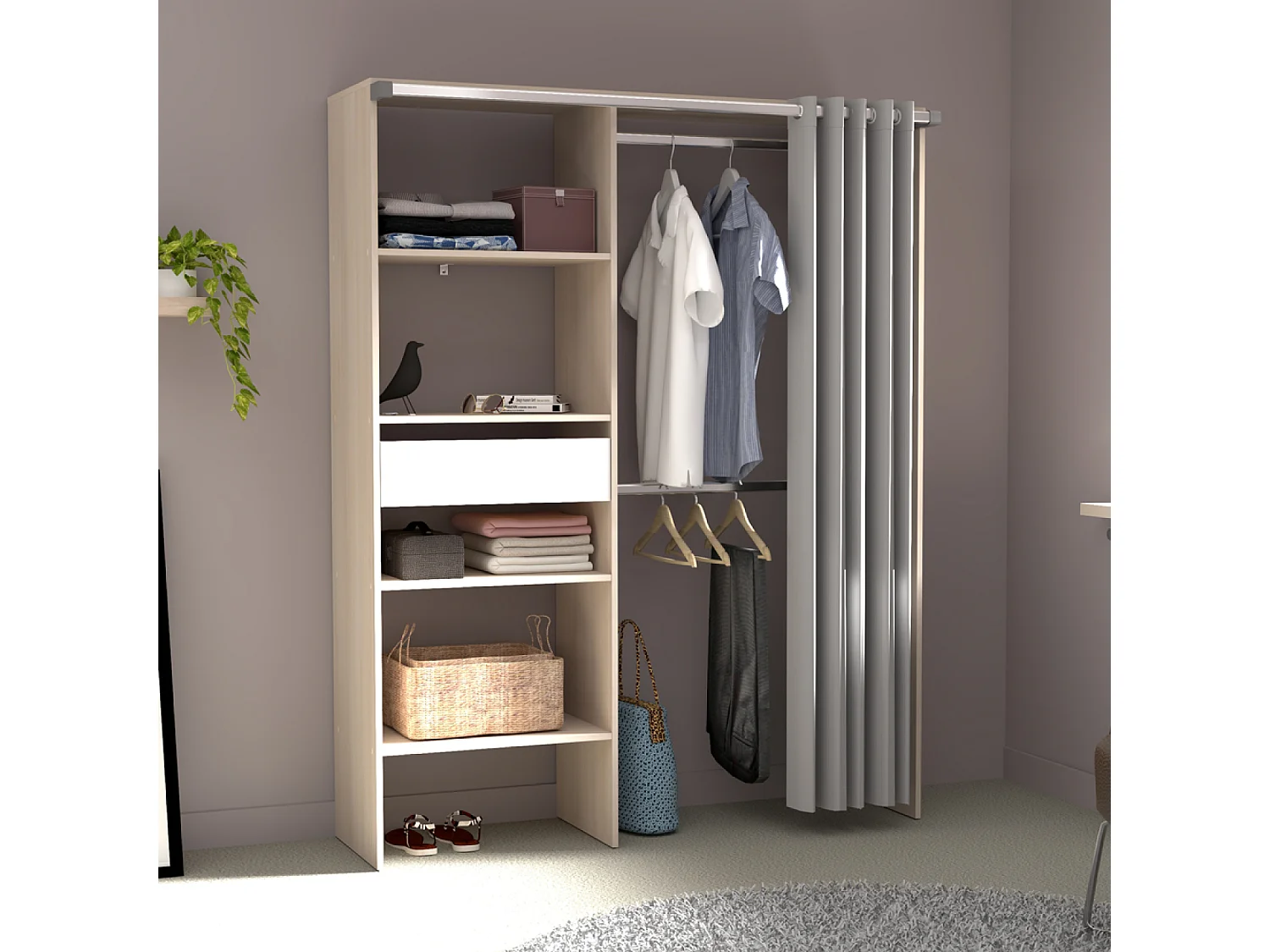 Dressing avec rideau, 4 étagères, 2 penderies et un tiroir bois et blanc BALI