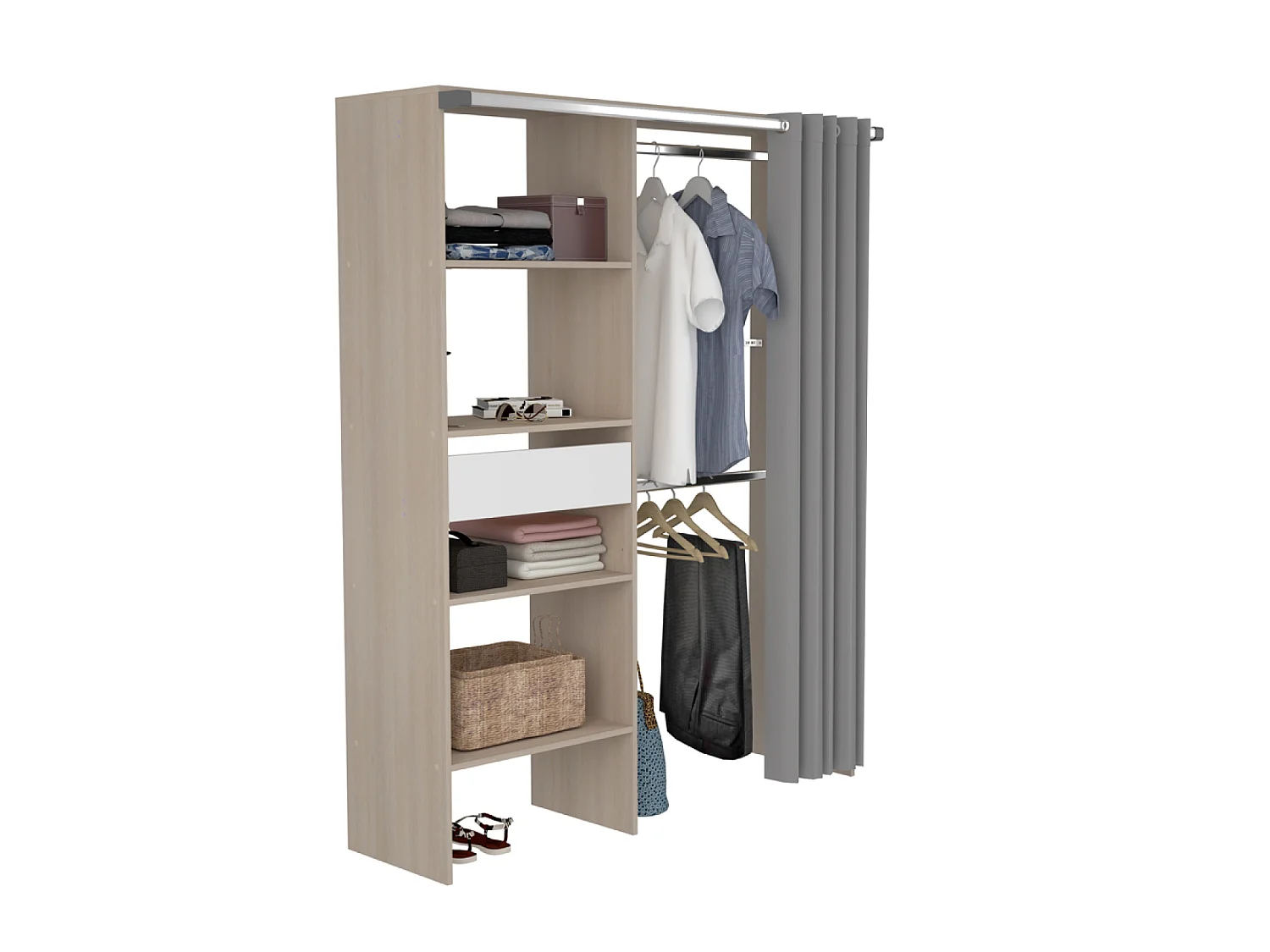 Spogliatoio con tenda, 4 ripiani, 2 armadi e un cassetto in legno e bianco BALI
