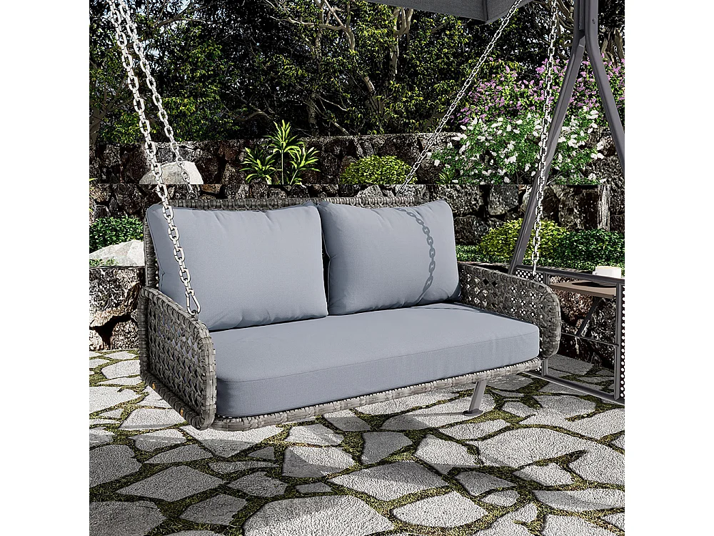 Balancelle de jardin double en rotin synthétique balançoire suspendue pour le jardin avec coussins et 2 chaînes sans cadre coussins amovibles et lavables gris