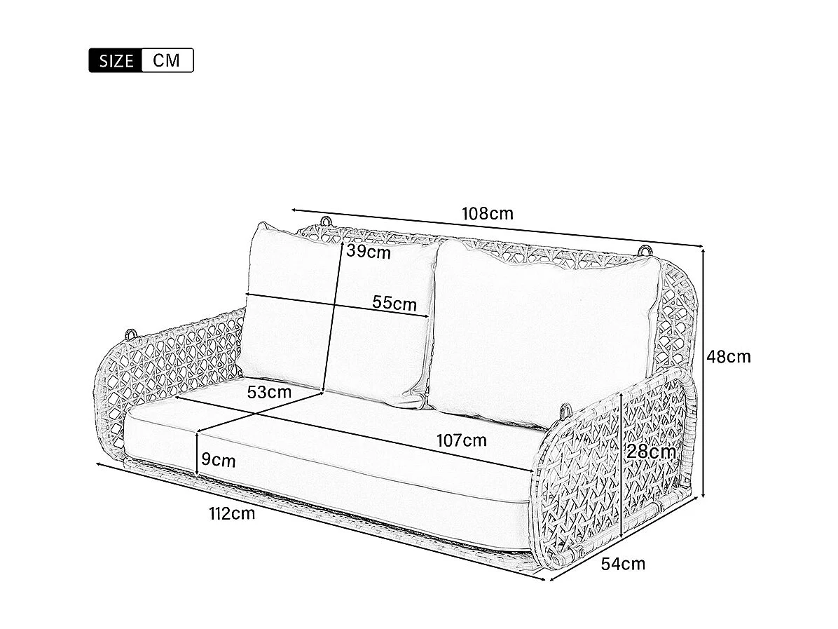 Balancelle de jardin double en rotin synthétique balançoire suspendue pour le jardin avec coussins et 2 chaînes sans cadre coussins amovibles et lavables gris