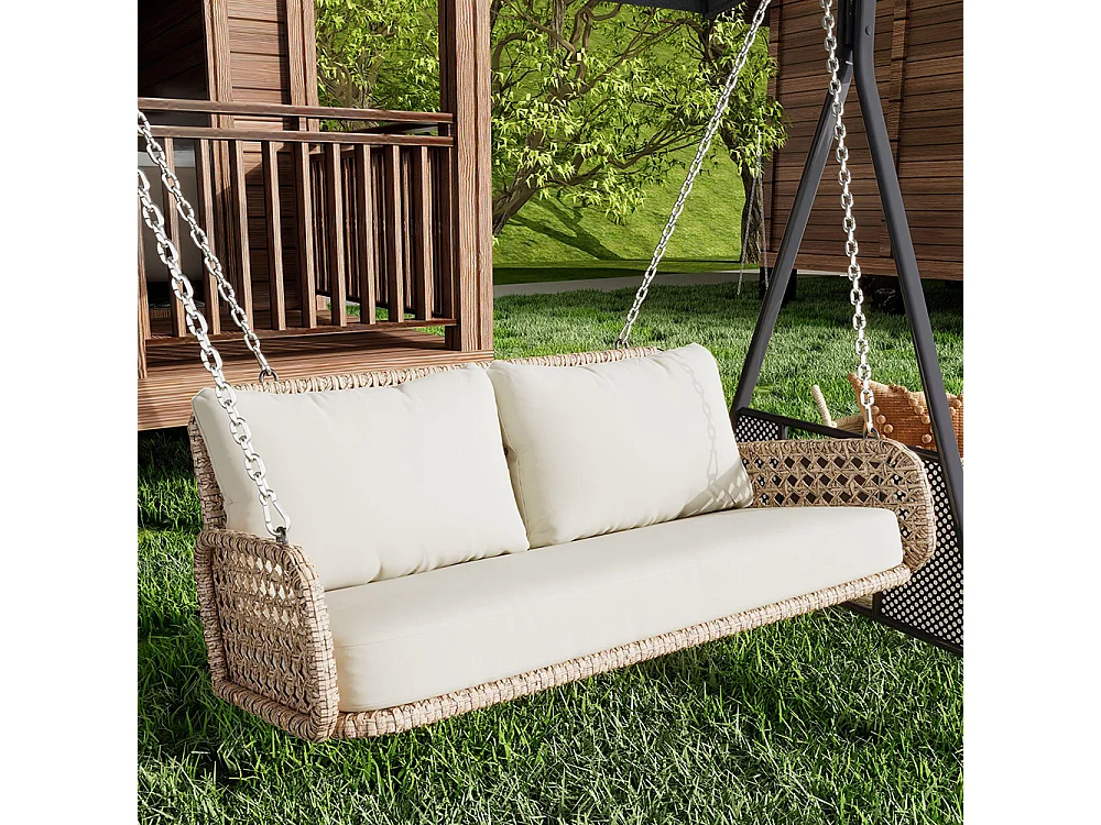 Balancelle de jardin double en rotin synthétique balançoire suspendue pour le jardin avec coussins et 2 chaînes sans cadre coussins amovibles et lavables beige