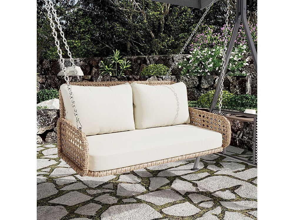 Balancelle de jardin double en rotin synthétique balançoire suspendue pour le jardin avec coussins et 2 chaînes sans cadre coussins amovibles et lavables beige
