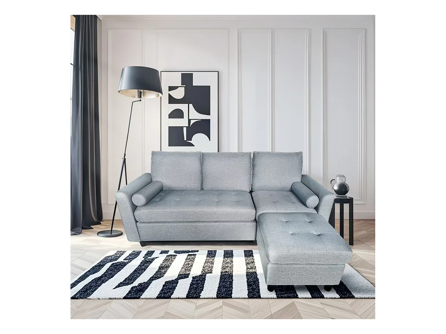 Dreisitzer-Sofa aus hellgrauem Samt COVENTRY mit Hocker - Bequem, elegant und praktisch