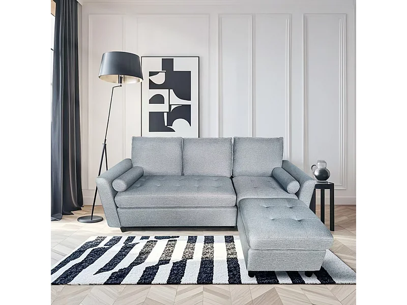 Driezitsbank van lichtgrijs fluweel COVENTRY met poef - Comfortabel, elegant en praktisch