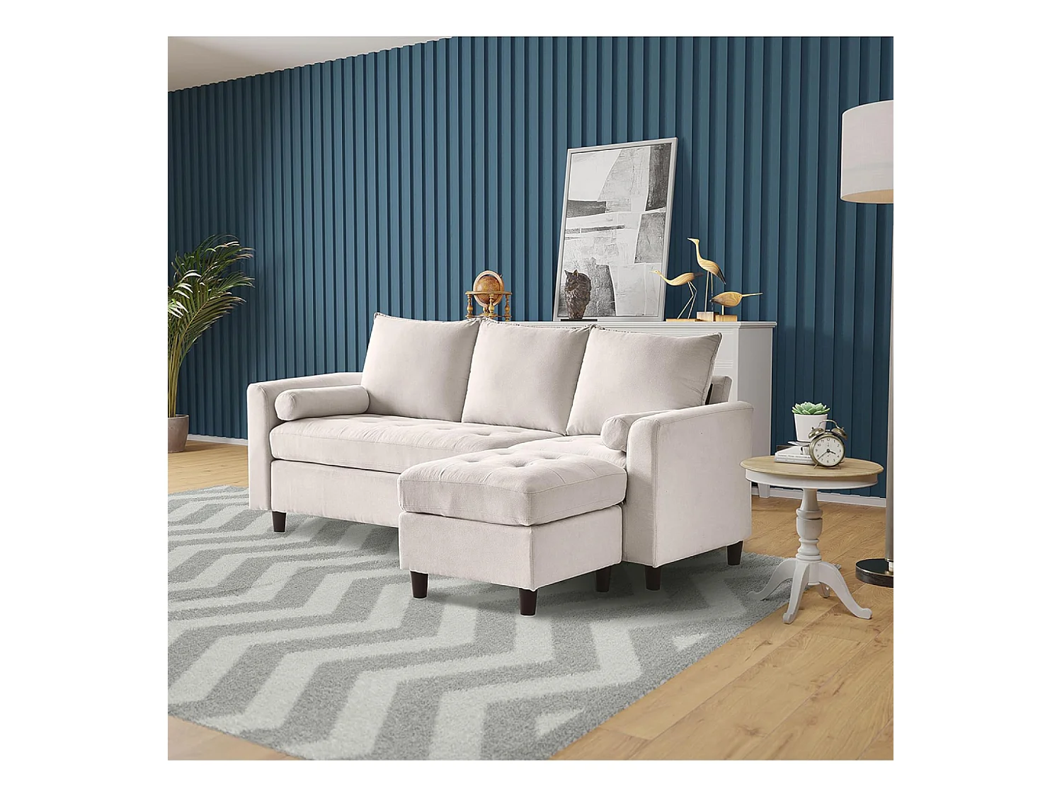 Canapé 3 places en tissu avec pouf beige COVENTRY