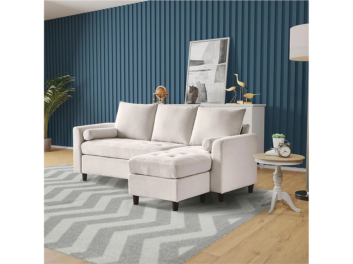 Canapé 3 places en tissu avec pouf beige COVENTRY