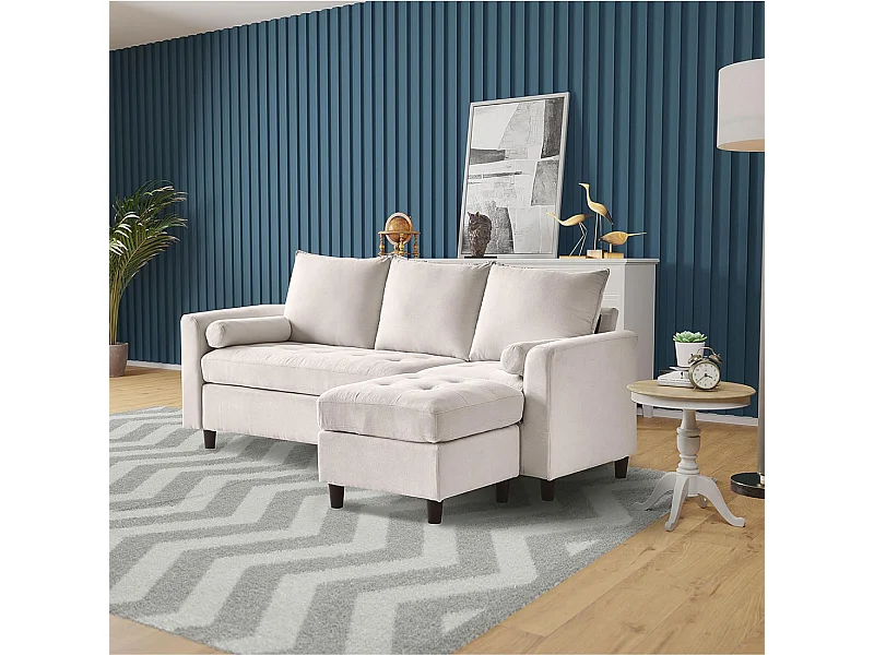 Sofá de 3 lugares em Veludo Bege COVENTRY com Pufe - Confortável, Elegante, Acolhedor