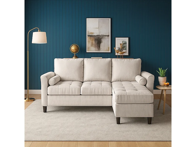 COVENTRY - Canapé 3 places en tissu avec pouf beige