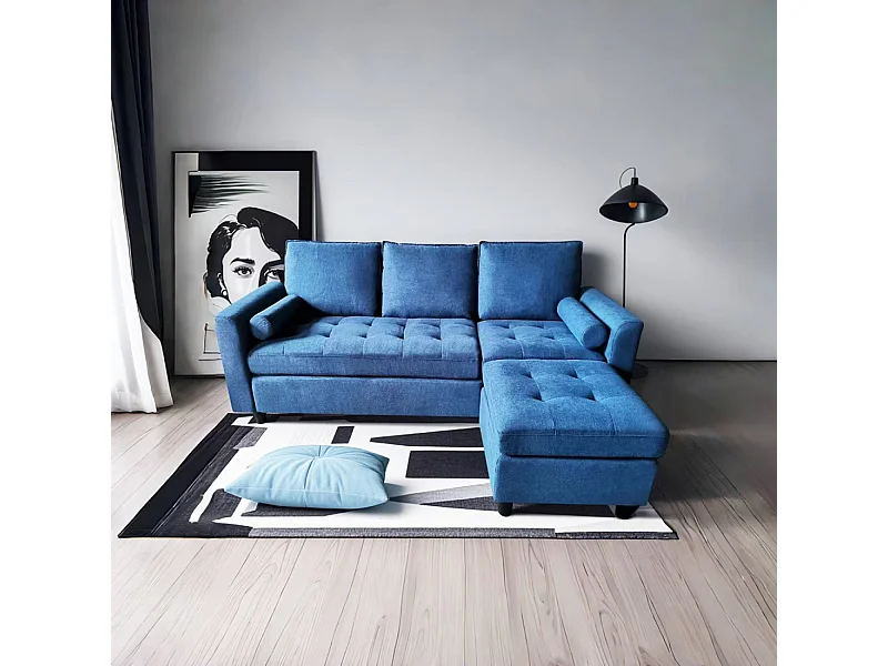 Dreisitzer-Sofa aus blauem Samt COVENTRY mit Hocker - Bequem und elegant für Ihr Wohnzimmer