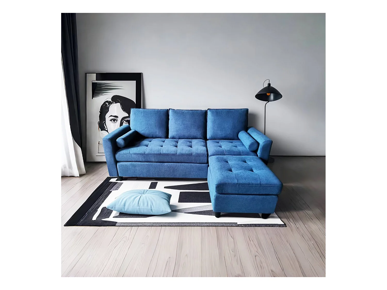 Sofá de terciopelo de 3 plazas con reposapiés azul COVENTRY