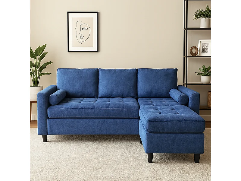 COVENTRY - Canapé 3 places en velours avec pouf bleu