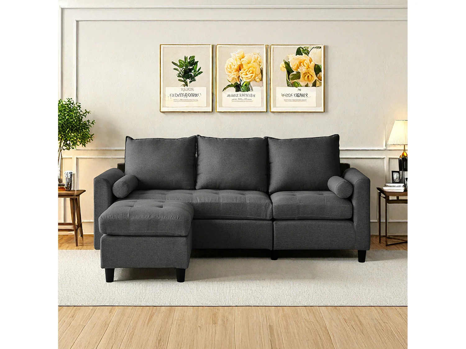 Canapé 3 places en tissu avec pouf gris foncé COVENTRY