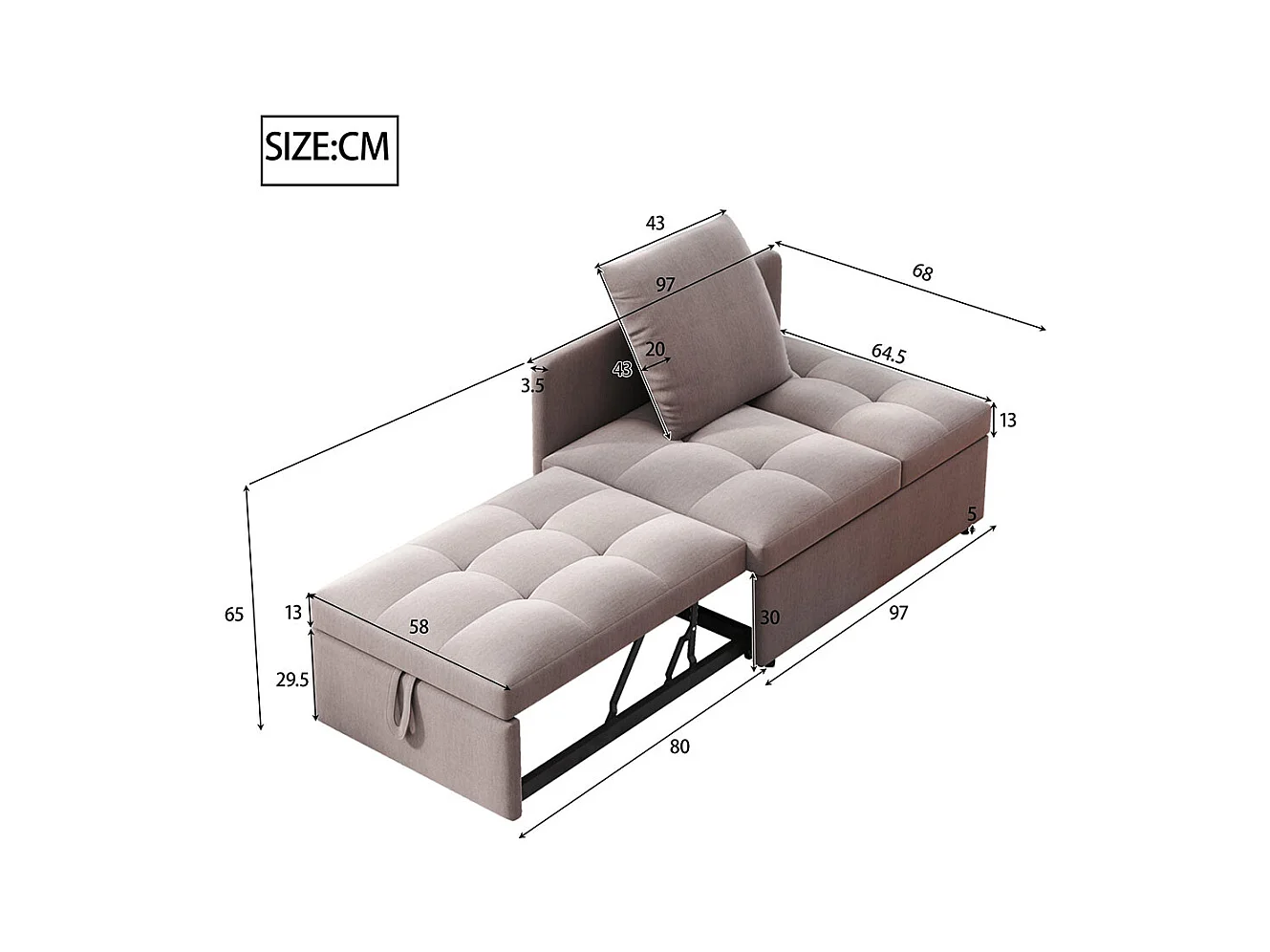 Lit banquette lit rembourré 3 en 1 Canapé-lit multifonction en lin avec dossier réglable pour les petites pièces gris