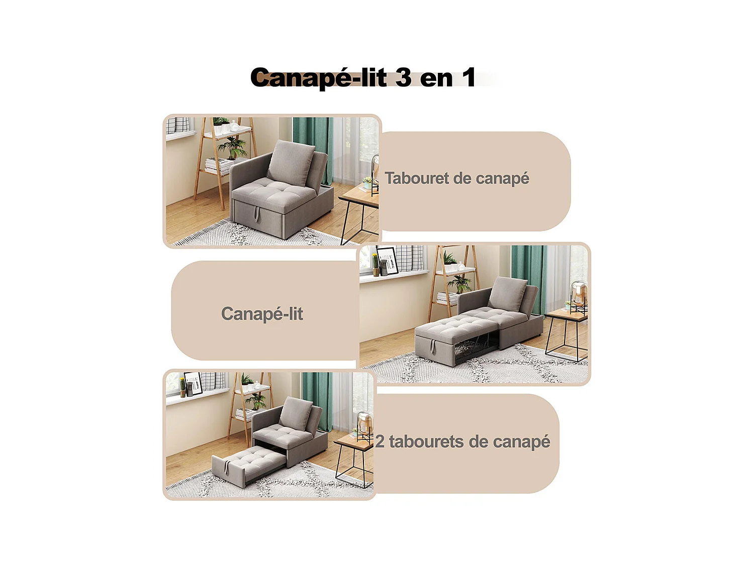 Lit banquette lit rembourré 3 en 1 Canapé-lit multifonction en lin avec dossier réglable pour les petites pièces gris