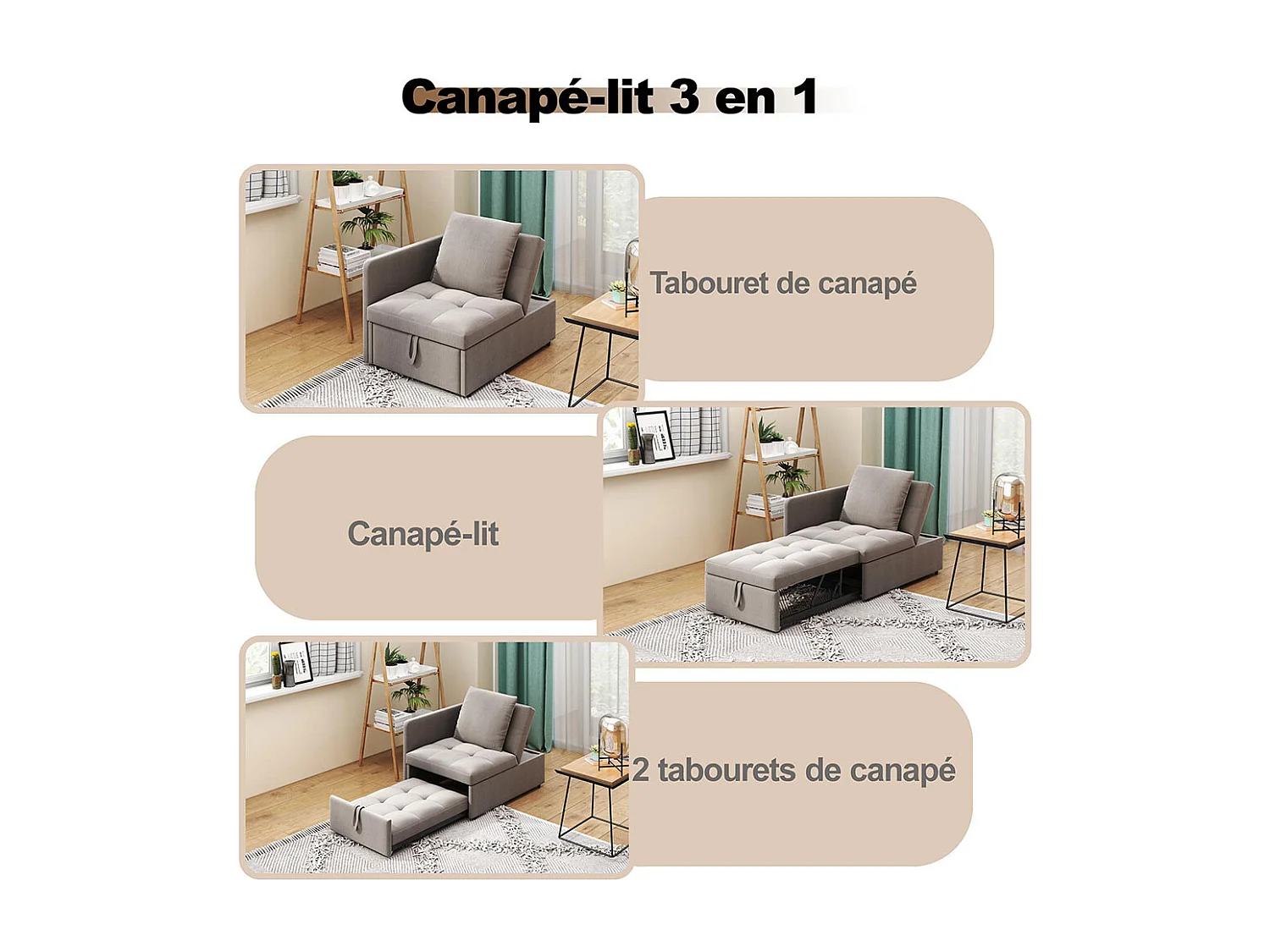 Lit banquette lit rembourré 3 en 1 Canapé-lit multifonction en lin avec dossier réglable pour les petites pièces gris