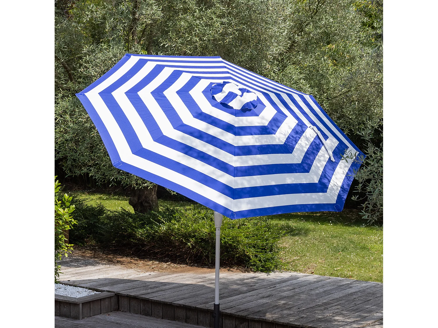 BANDOL rechte ronde parasol 2,70m diameter met blauwe strepen