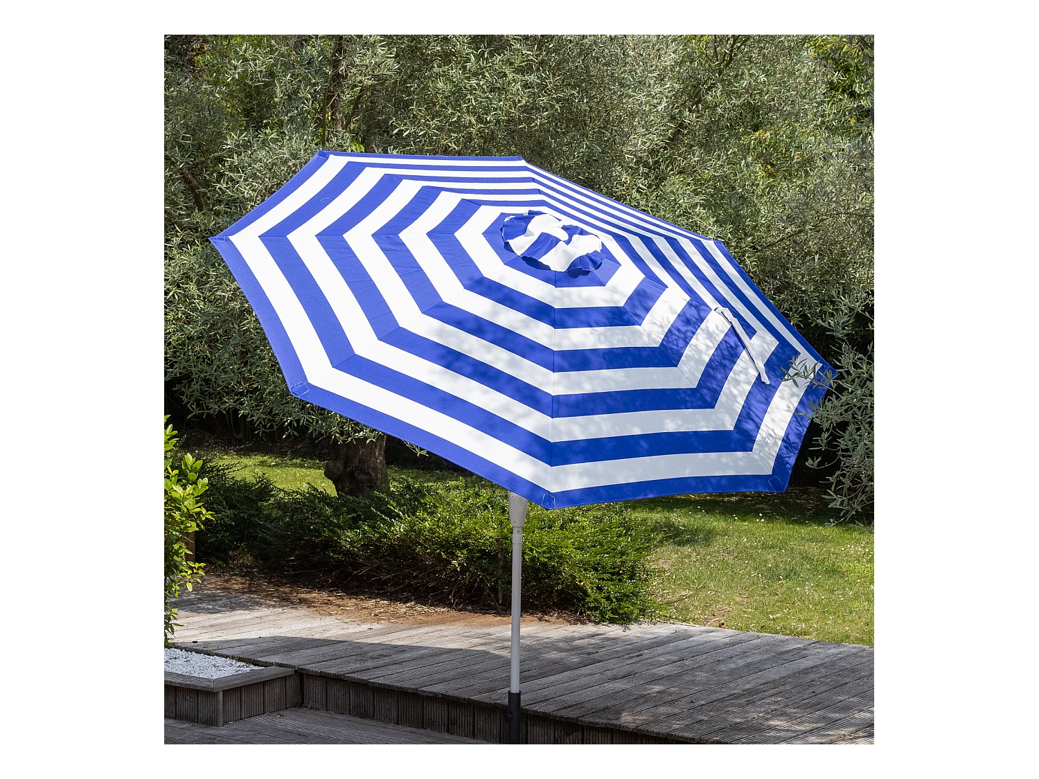 Parasol droit BANDOL rond 2,70m de diamètre à rayures bleues