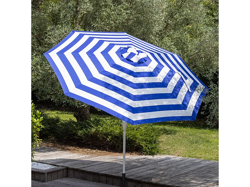 Parasol droit BANDOL rond 2,70m de diamètre à rayures bleues
