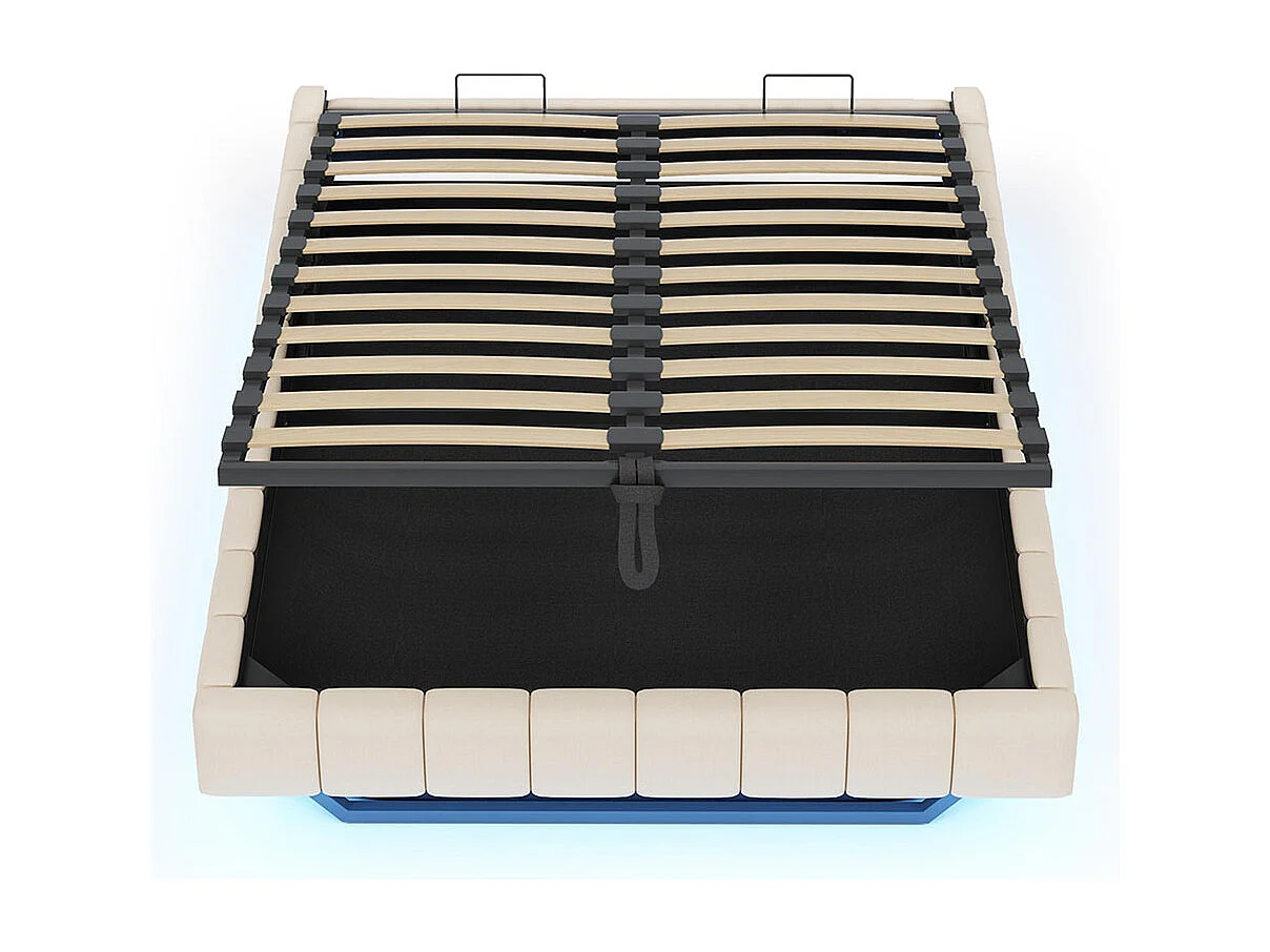 Lit coffre lit rembourré 160x200 sommier à lattes hydraulique sans tête de lit avec éclairage LED lin beige