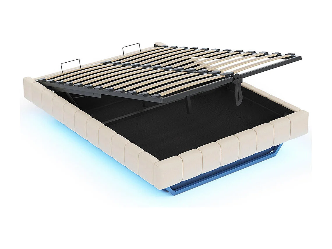 Lit coffre lit rembourré 160x200 sommier à lattes hydraulique sans tête de lit avec éclairage LED lin beige