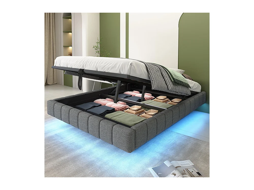 Lit coffre lit rembourré 140x200 cadre de lit flottant hydraulique lit multifonctionnel sans tête de lit avec éclairage LED lin gris
