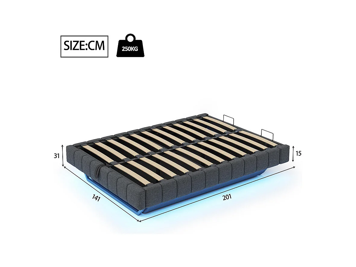 Lit coffre lit rembourré 140x200 cadre de lit flottant hydraulique lit multifonctionnel sans tête de lit avec éclairage LED lin gris