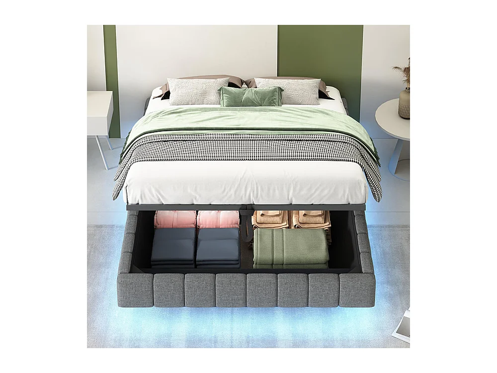 Lit coffre lit rembourré 140x200 cadre de lit flottant hydraulique lit multifonctionnel sans tête de lit avec éclairage LED lin gris