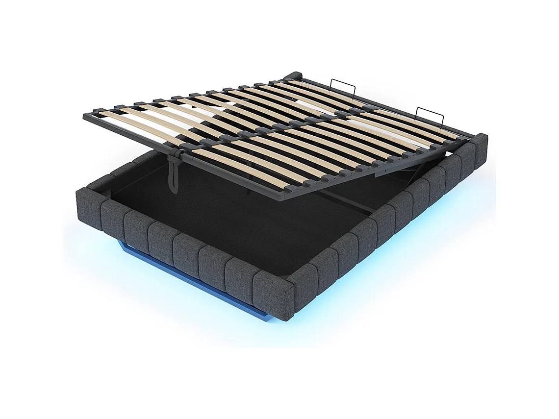 Lit coffre lit rembourré 140x200 cadre de lit flottant hydraulique lit multifonctionnel sans tête de lit avec éclairage LED lin gris
