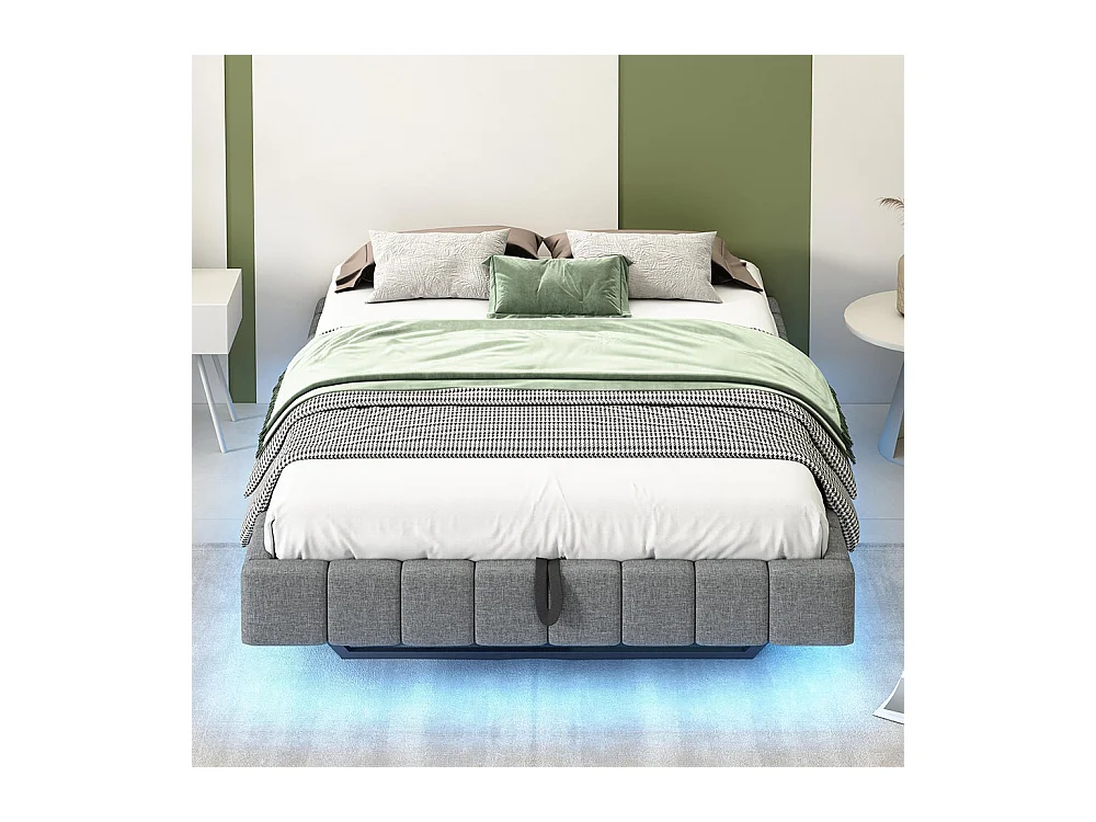 Lit coffre lit rembourré 140x200 cadre de lit flottant hydraulique lit multifonctionnel sans tête de lit avec éclairage LED lin gris
