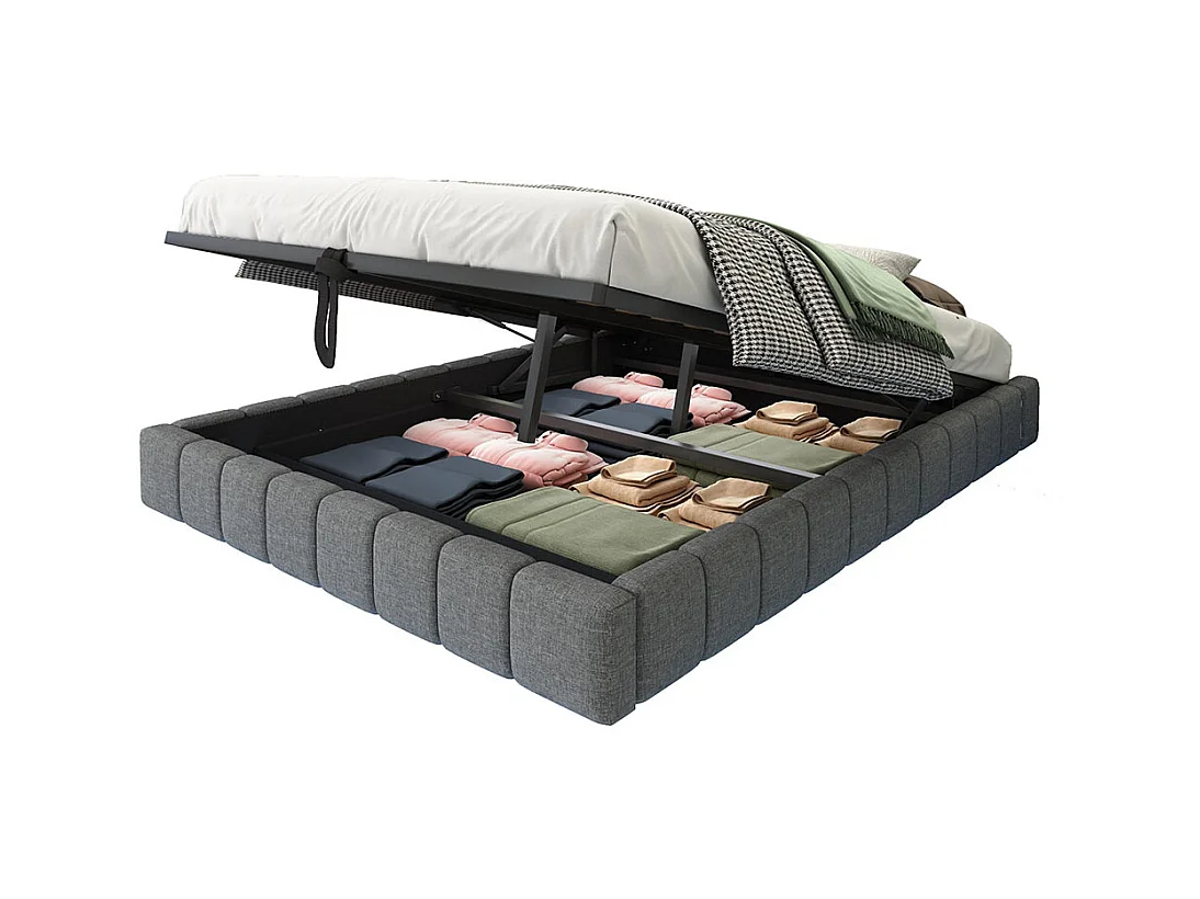 Lit coffre lit rembourré 140x200 cadre de lit flottant hydraulique lit multifonctionnel sans tête de lit avec éclairage LED lin gris