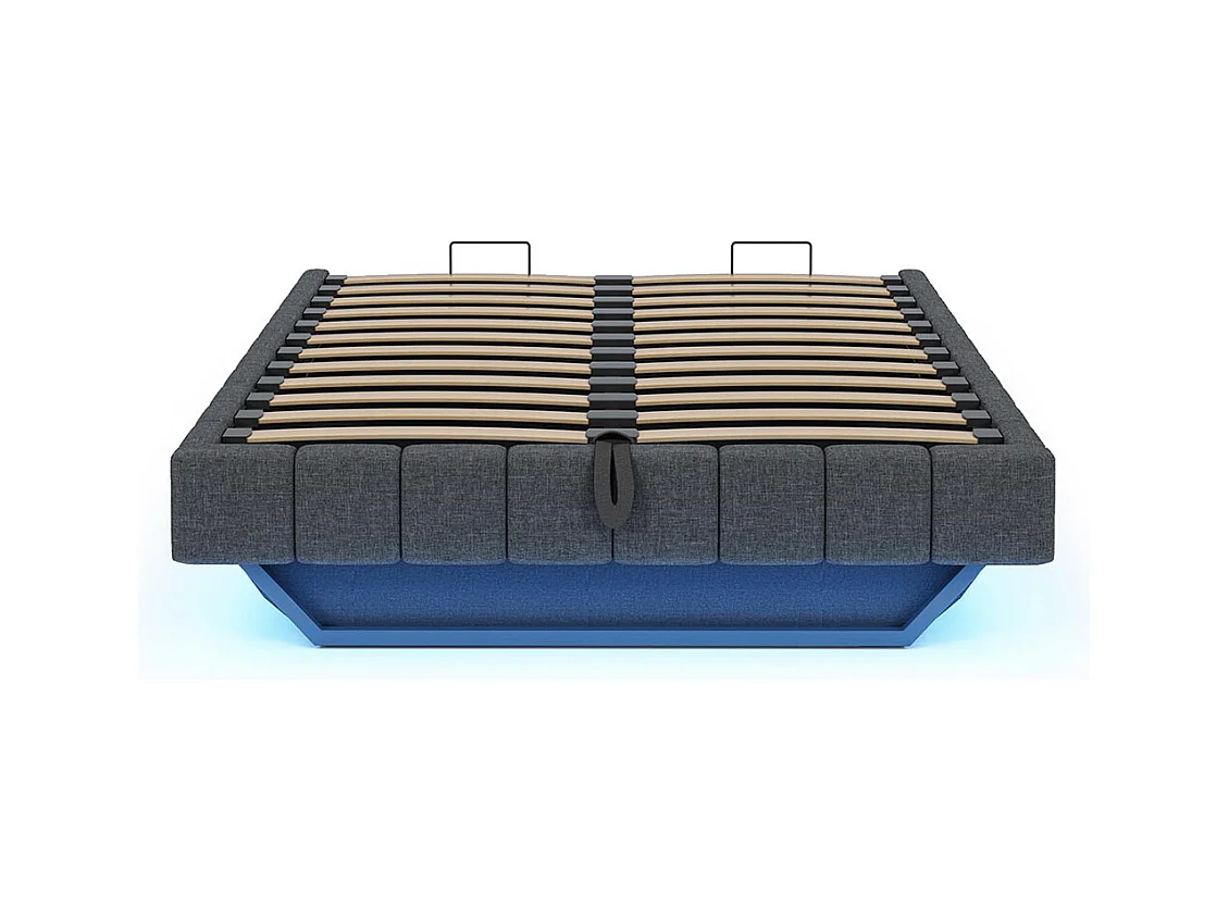 Lit coffre lit rembourré 140x200 cadre de lit flottant hydraulique lit multifonctionnel sans tête de lit avec éclairage LED lin gris