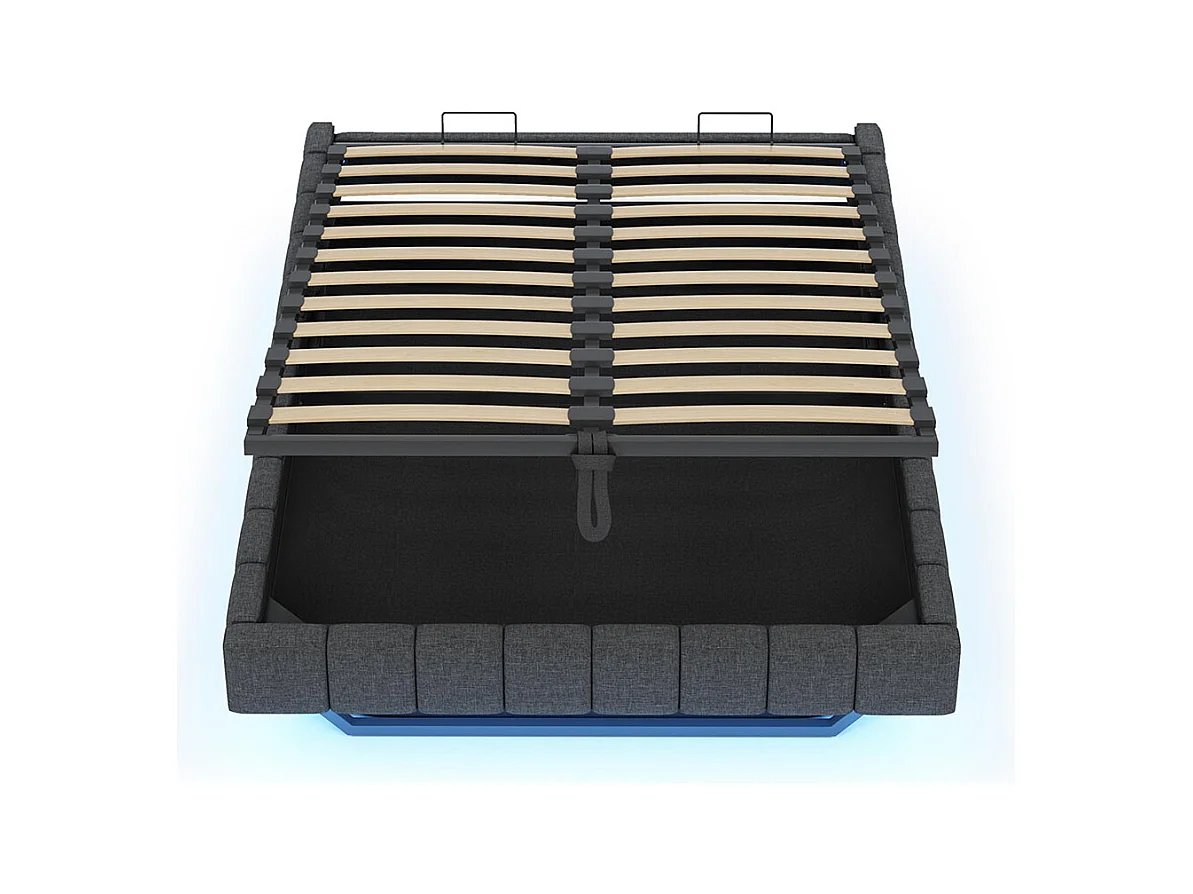 Lit coffre lit rembourré 140x200 cadre de lit flottant hydraulique lit multifonctionnel sans tête de lit avec éclairage LED lin gris