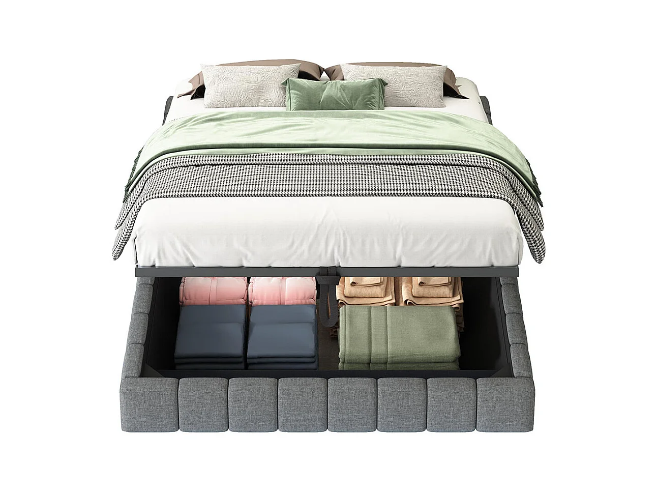 Lit coffre lit rembourré 140x200 cadre de lit flottant hydraulique lit multifonctionnel sans tête de lit avec éclairage LED lin gris