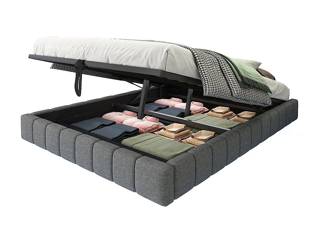 Lit coffre lit rembourré 140x200 cadre de lit flottant hydraulique lit multifonctionnel sans tête de lit avec éclairage LED lin gris