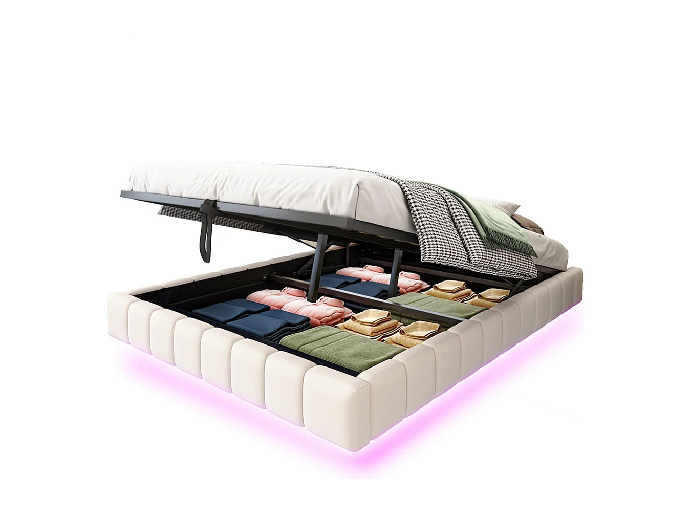 Lit coffre lit rembourré 140x200 cadre de lit flottant hydraulique lit multifonctionnel sans tête de lit avec éclairage LED lin beige