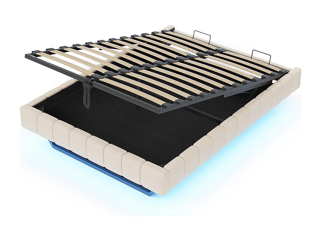 Lit coffre lit rembourré 140x200 cadre de lit flottant hydraulique lit multifonctionnel sans tête de lit avec éclairage LED lin beige