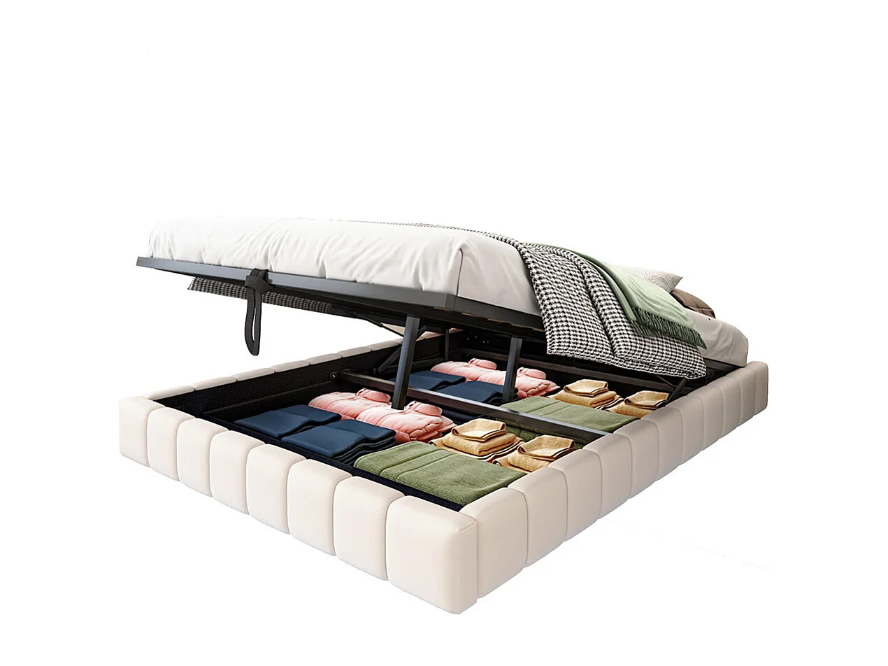Lit coffre lit rembourré 140x200 cadre de lit flottant hydraulique lit multifonctionnel sans tête de lit avec éclairage LED lin beige