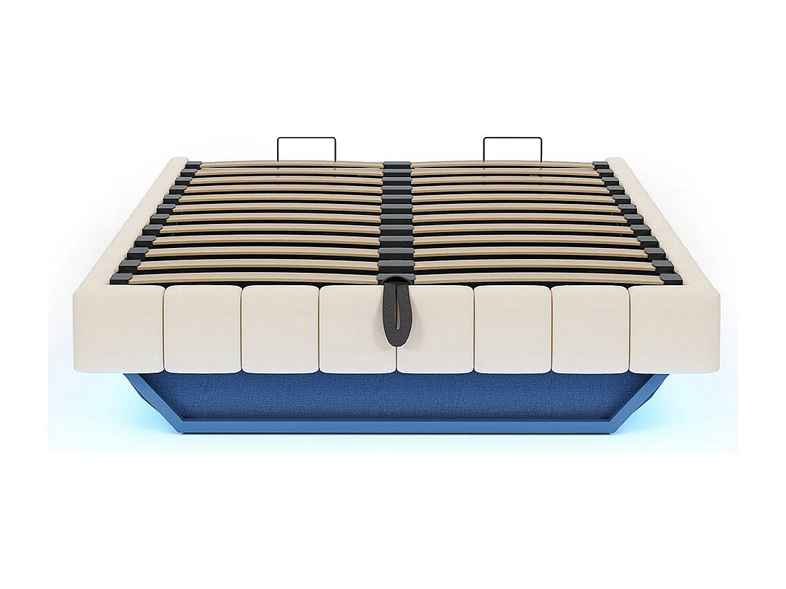 Lit coffre lit rembourré 140x200 cadre de lit flottant hydraulique lit multifonctionnel sans tête de lit avec éclairage LED lin beige