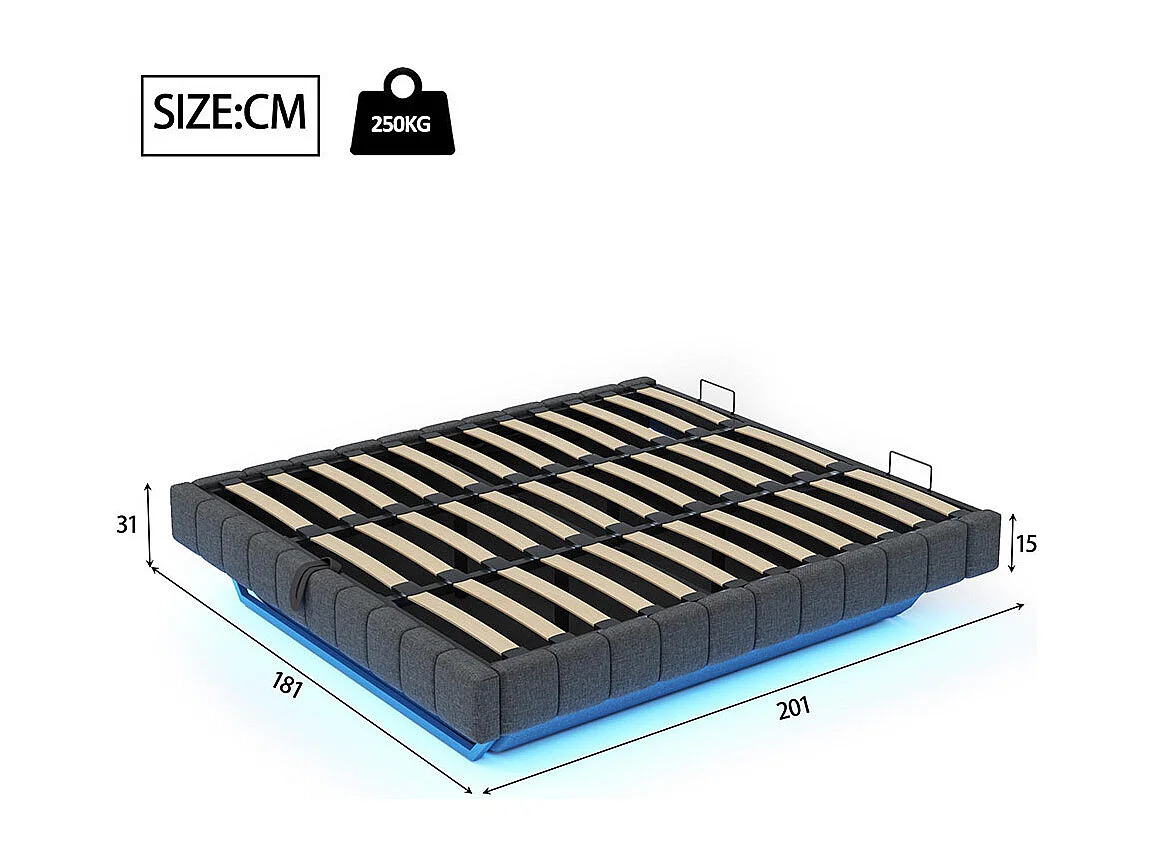 Lit coffre lit rembourré 180x200 sommier à lattes hydraulique sans tête de lit avec éclairage LED lin gris