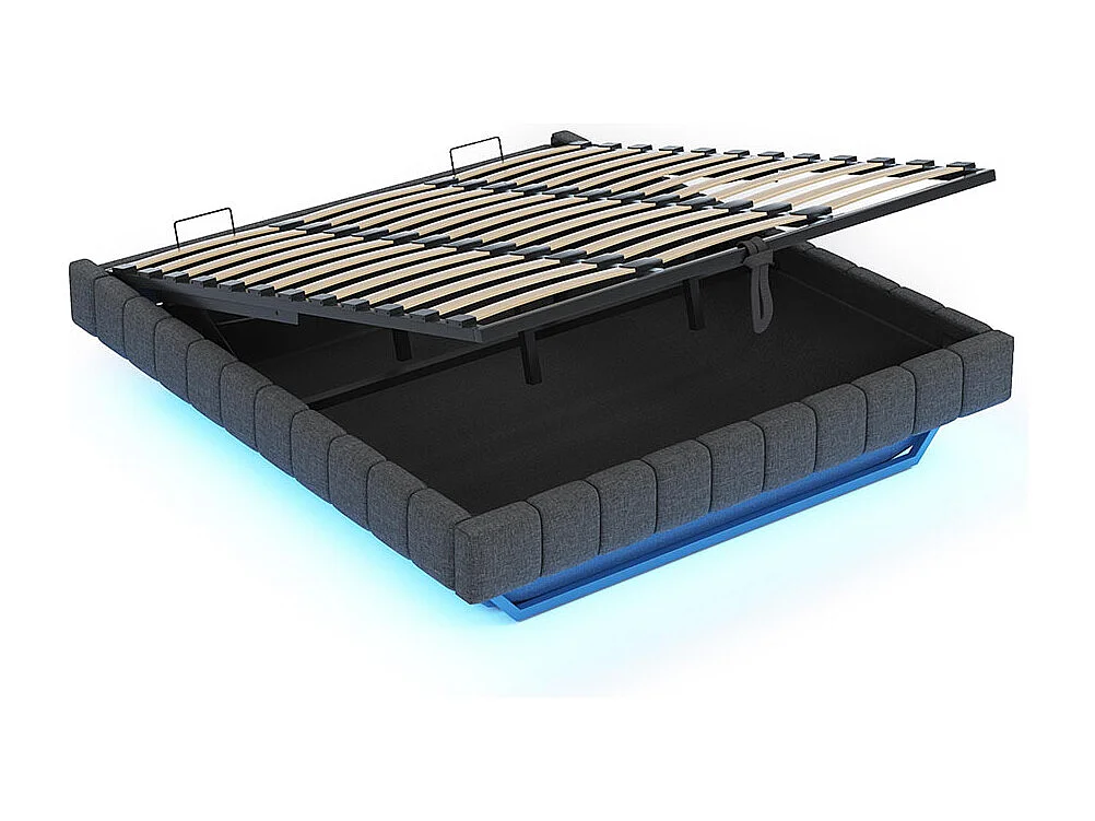 Lit coffre lit rembourré 180x200 sommier à lattes hydraulique sans tête de lit avec éclairage LED lin gris