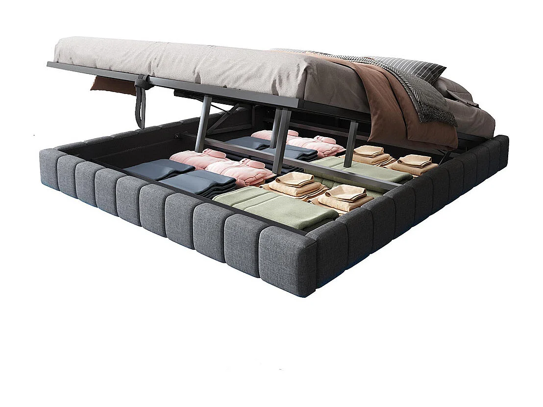 Lit coffre lit rembourré 180x200 sommier à lattes hydraulique sans tête de lit avec éclairage LED lin gris