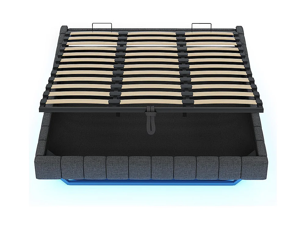 Lit coffre lit rembourré 180x200 sommier à lattes hydraulique sans tête de lit avec éclairage LED lin gris