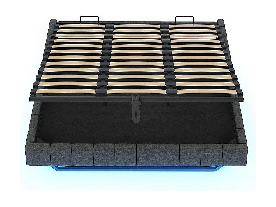 Lit coffre lit rembourré 180x200 sommier à lattes hydraulique sans tête de lit avec éclairage LED lin gris