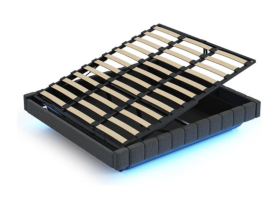 Lit coffre lit rembourré 180x200 sommier à lattes hydraulique sans tête de lit avec éclairage LED lin gris